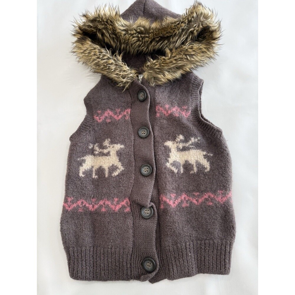 Heritage Vest Hoodie Fur Deer Print Outdoor Sz M 7/8 Kids 100% Wool